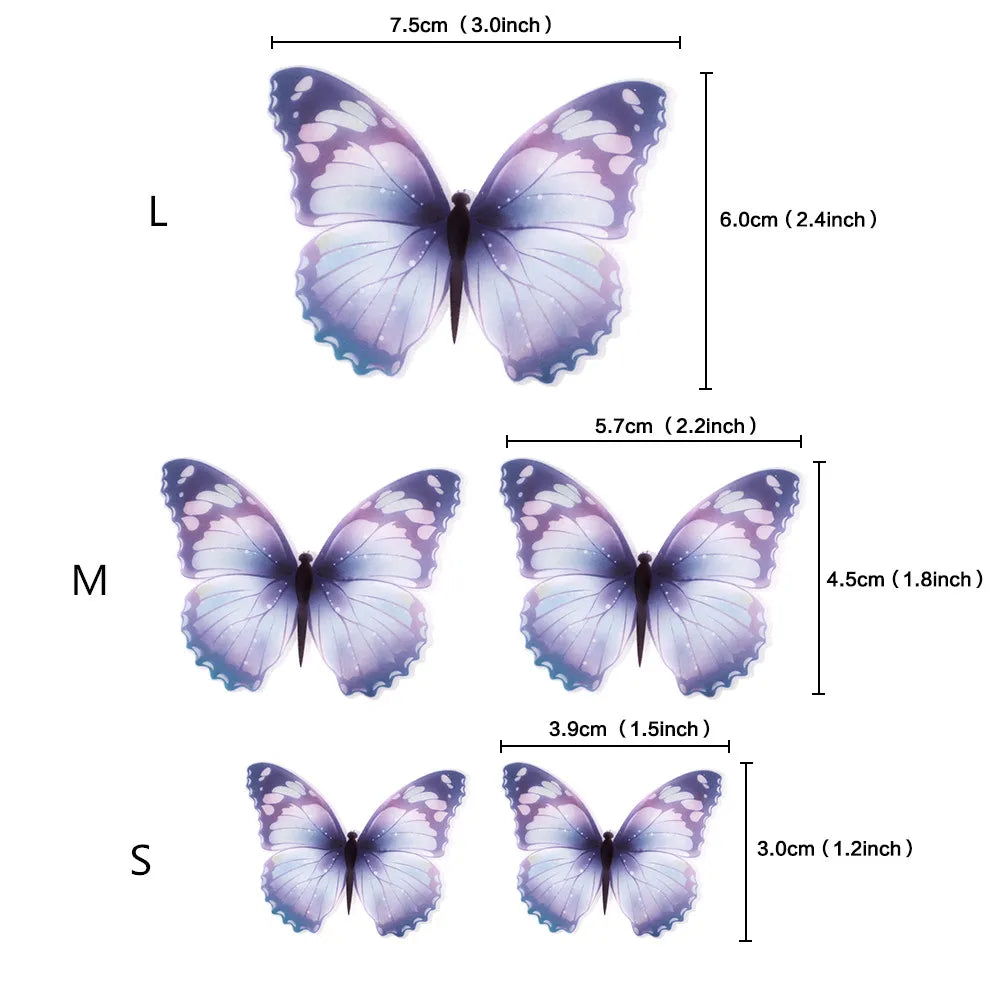 Three butterfly cake toppers of varying sizes and shades purple and white