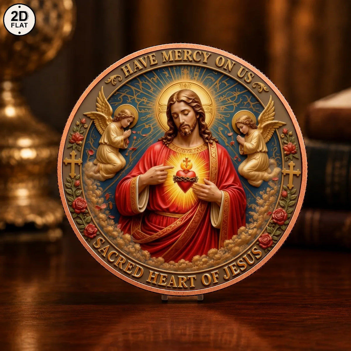 Sacred Heart of Jesus Copper Challenge Coin with Angels