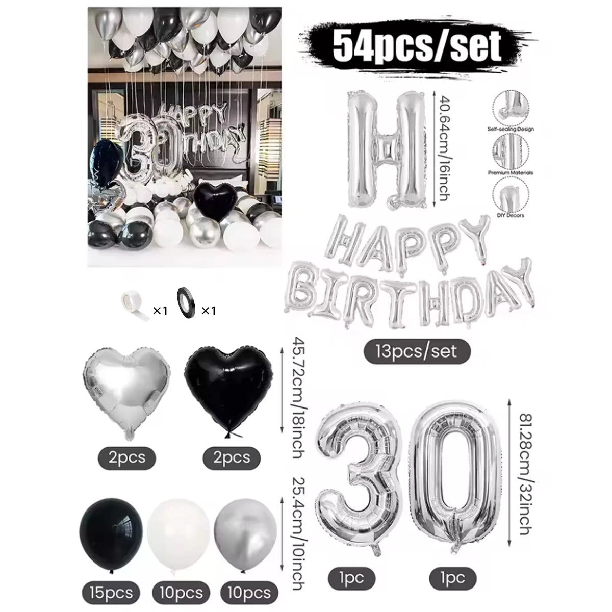 A set of black and white balloons and a silver banner for birthday party decor