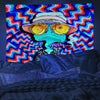 A vibrant tapestry featuring a psychedelic green face wearing sunglasses against a swirling rainbow background.