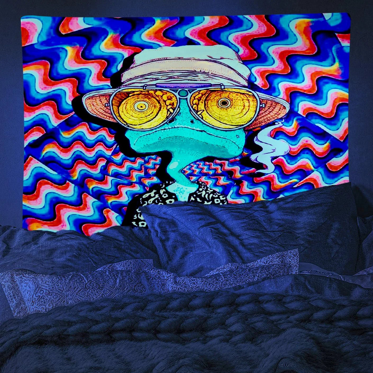 A vibrant tapestry featuring a psychedelic green face wearing sunglasses against a swirling rainbow background.