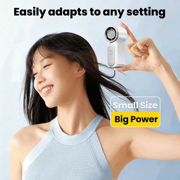 A woman is demonstrating a portable rechargeable mini handheld fan, highlighting its small size and big power.