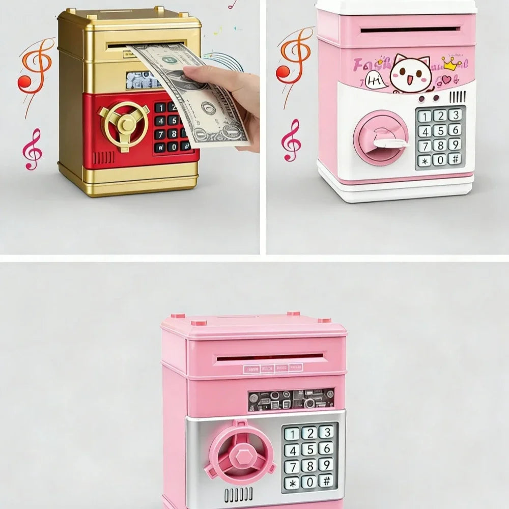 A pink and gold ATM-style piggy bank with an electronic lock and a separate pink cash box.