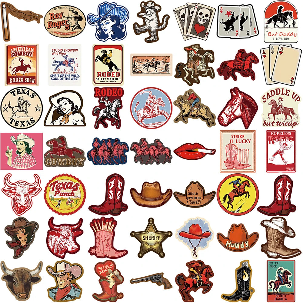 A collection of vintage cowboy themed stickers featuring various animals, figures, and scenes.