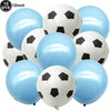 A pack of ten black and white soccer ball shaped latex balloons for party decorations.