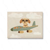 A cute, cartoon dog wearing sunglasses sitting on a small airplane against a cloudy sky.