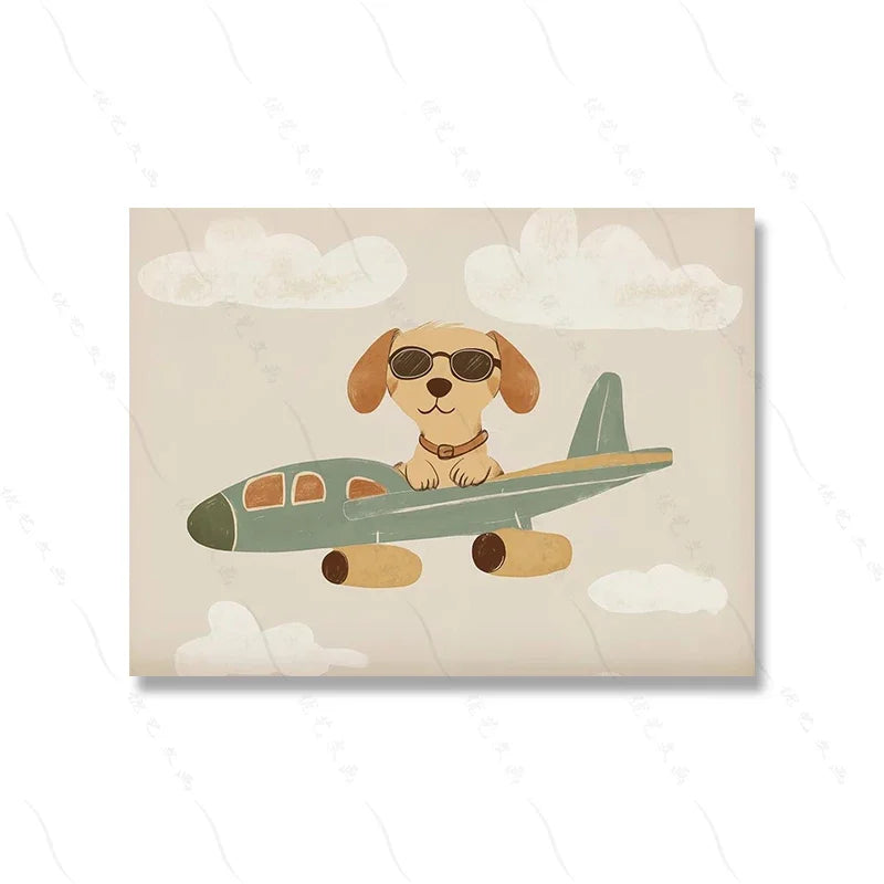A cute, cartoon dog wearing sunglasses sitting on a small airplane against a cloudy sky.