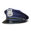 A dark blue police officer costume hat with a silver badge and black trim.