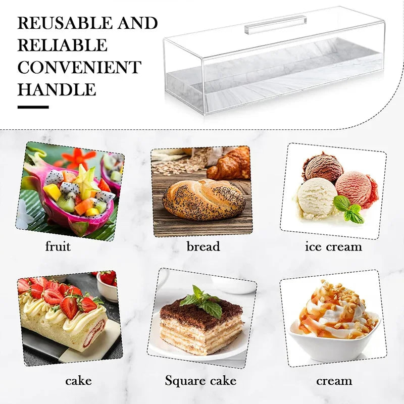 Clear acrylic cake stand with a lid displaying various desserts like fruit, bread, ice cream, cake, and cream.