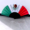 A handheld folding fan featuring the flag of Mexico with red, white, and green colored ribs.
