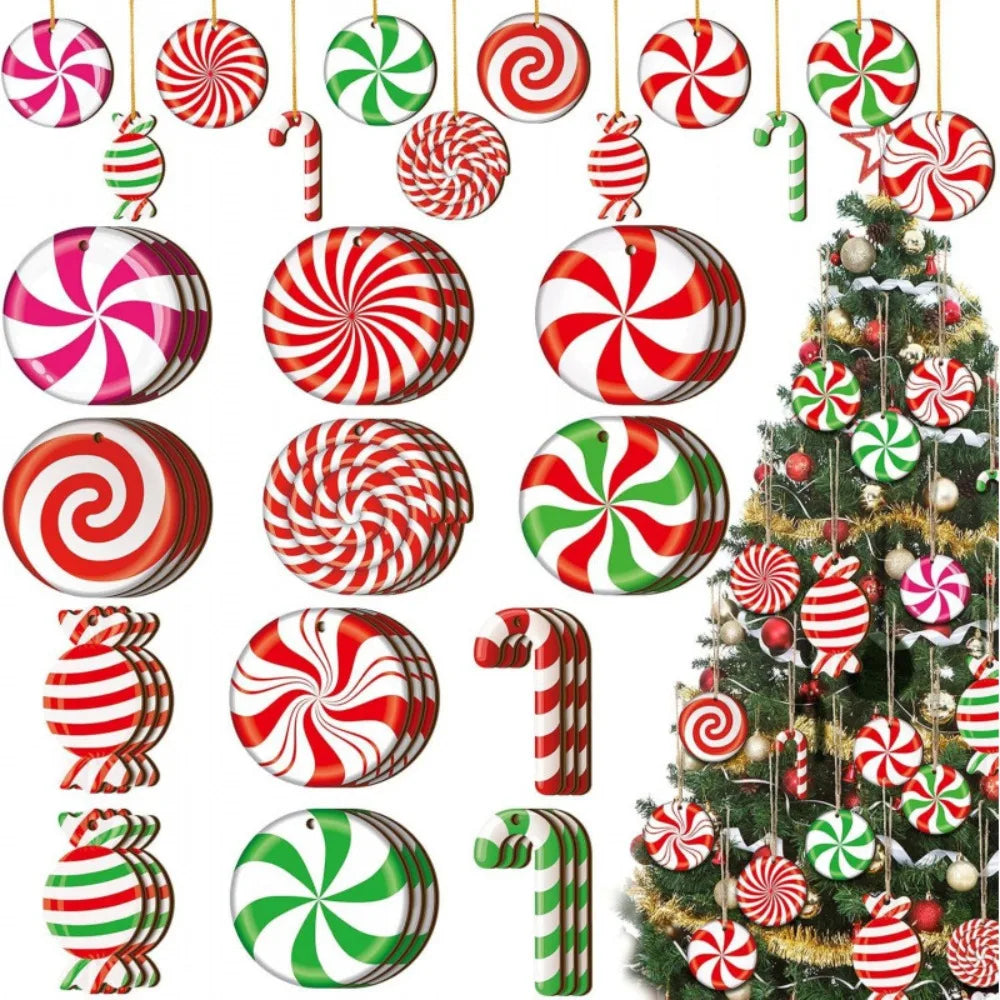 A collection of colorful peppermint candy ornaments and Christmas decorations hanging on a green tree.