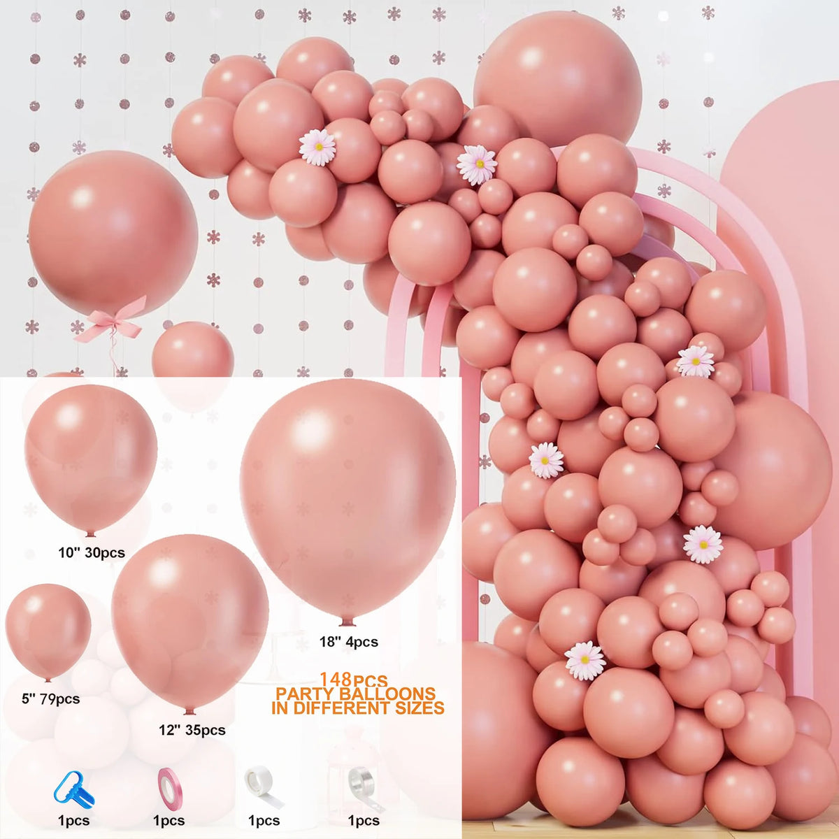 Großes rosa Ballon-Girlande mit Ballons in verschiedenen Größen und Farben für Partys.