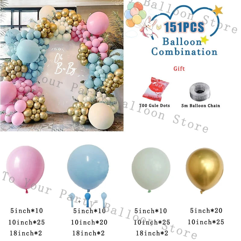 A balloon garland arch kit featuring pastel balloons in pink, blue, and gold colors for parties.
