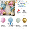 A balloon garland arch kit featuring pastel pink and white balloons, including various sizes and a 5m balloon chain.