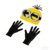 Yellow hat with black spiky trim, silver round glasses, and a black glove set.