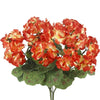 A bouquet of lifelike artificial geranium flowers in shades of orange and yellow.