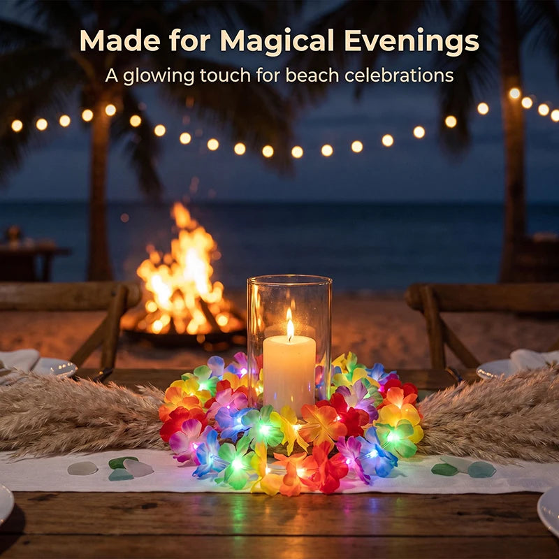 A glowing LED flower crown headband with colorful lights placed on a wooden table for beach celebrations.