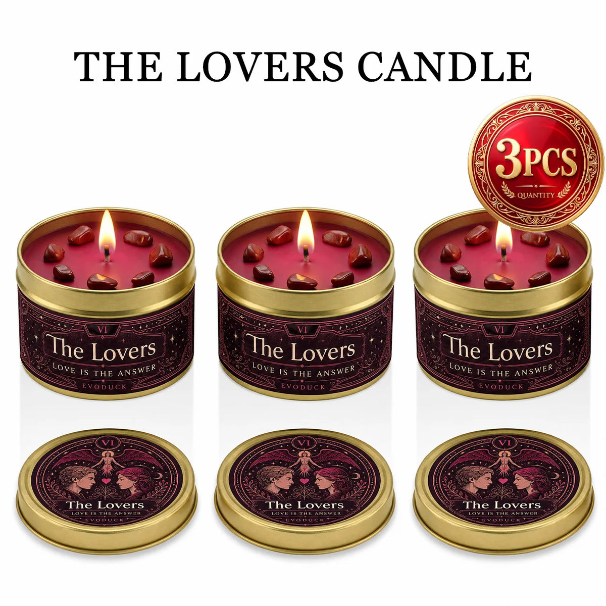 Three jars of The Lovers candle in gold packaging with red wax and dried petals.