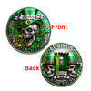 A commemorative coin featuring a skull and a green hat design for St. Patrick's Day.
