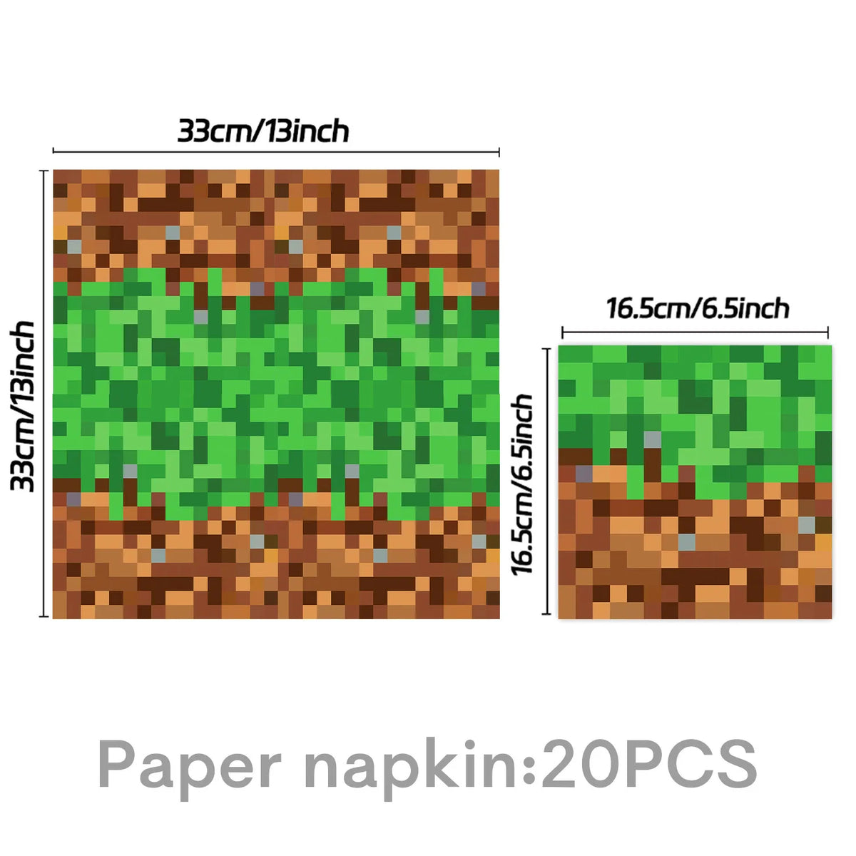A rectangular paper napkin is shown, measuring 33cm by 16.5cm, with a green layer and brown texture.