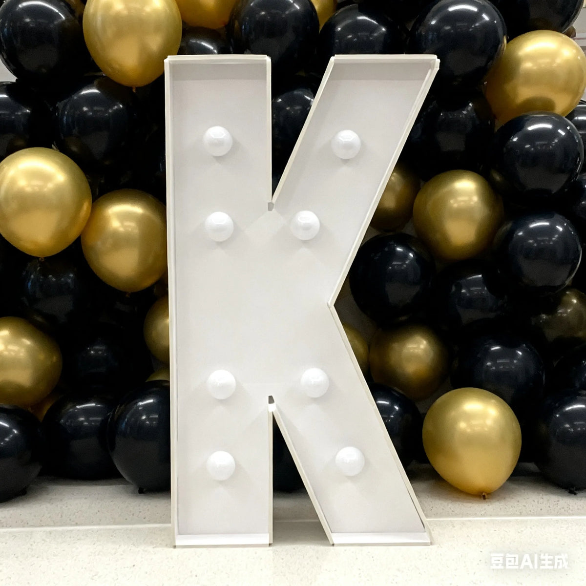 A large white marquee light-up letter K made of acrylic is displayed among black and gold balloons.