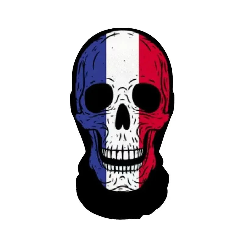 A skull face mask design featuring the colors of the French flag (blue, white, red) on a black background.