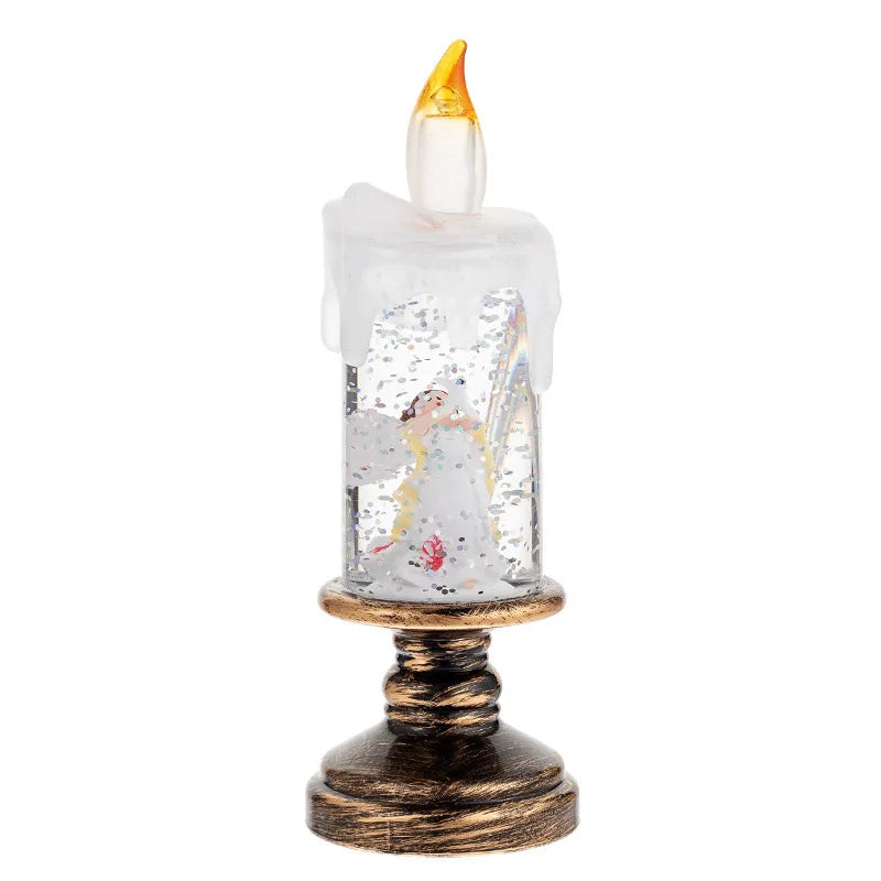 A festive snowflake candle featuring a wind lamp effect set in a brass-toned base.