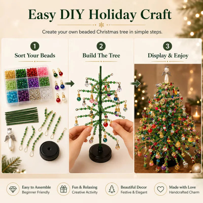 DIY holiday craft kit showing steps to build and display a beaded Christmas tree