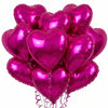A bouquet of ten metallic pink heart-shaped foil balloons tied together with ribbons.