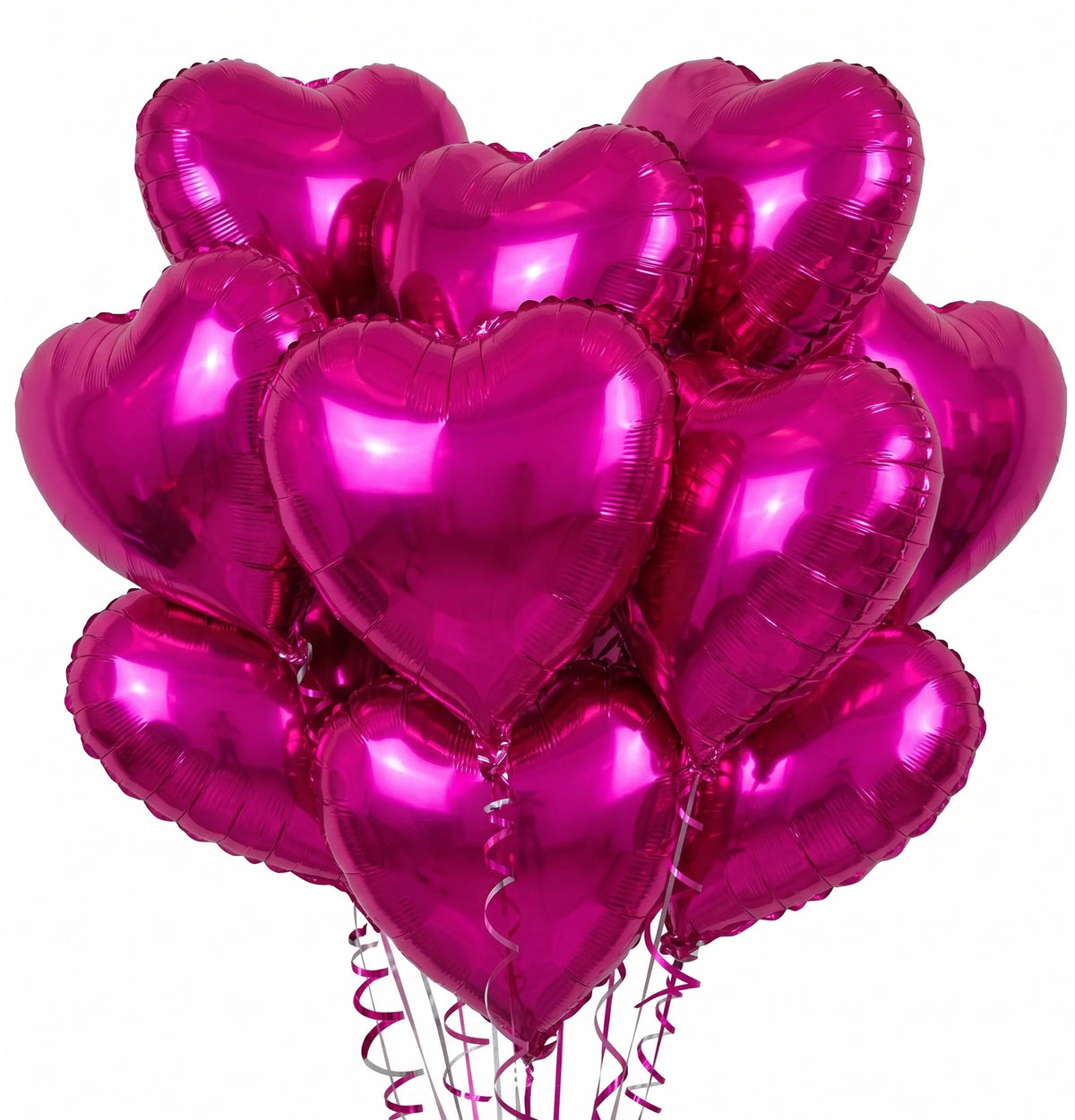 A bouquet of ten metallic pink heart-shaped foil balloons tied together with ribbons.