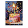 A vibrant oil painting of a birthday cake with a lit candle surrounded by colorful sparks and abstract brushstrokes against a