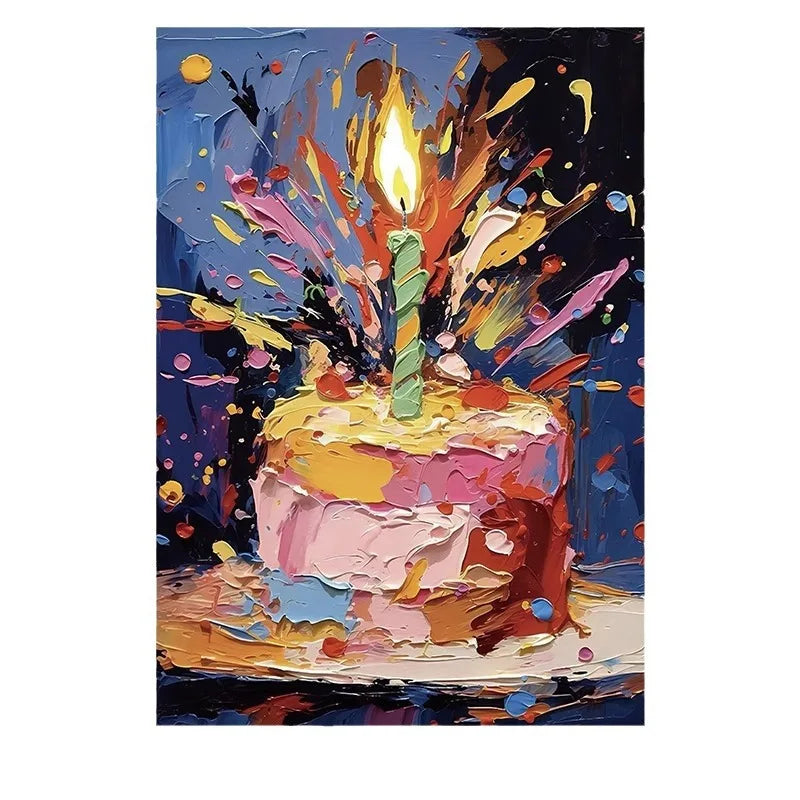 A vibrant oil painting of a birthday cake with a lit candle surrounded by colorful sparks and abstract brushstrokes against a