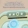 A close-up of a piggy bank featuring a fingerprint unlock mechanism and a password entry screen.