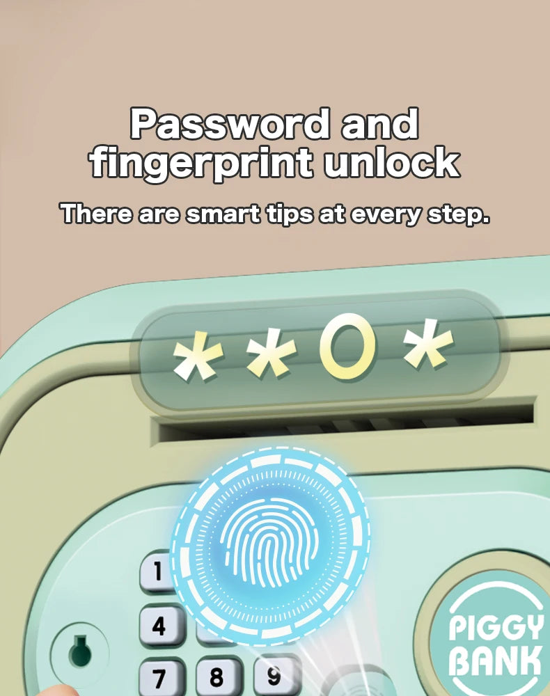 A close-up of a piggy bank featuring a fingerprint unlock mechanism and a password entry screen.