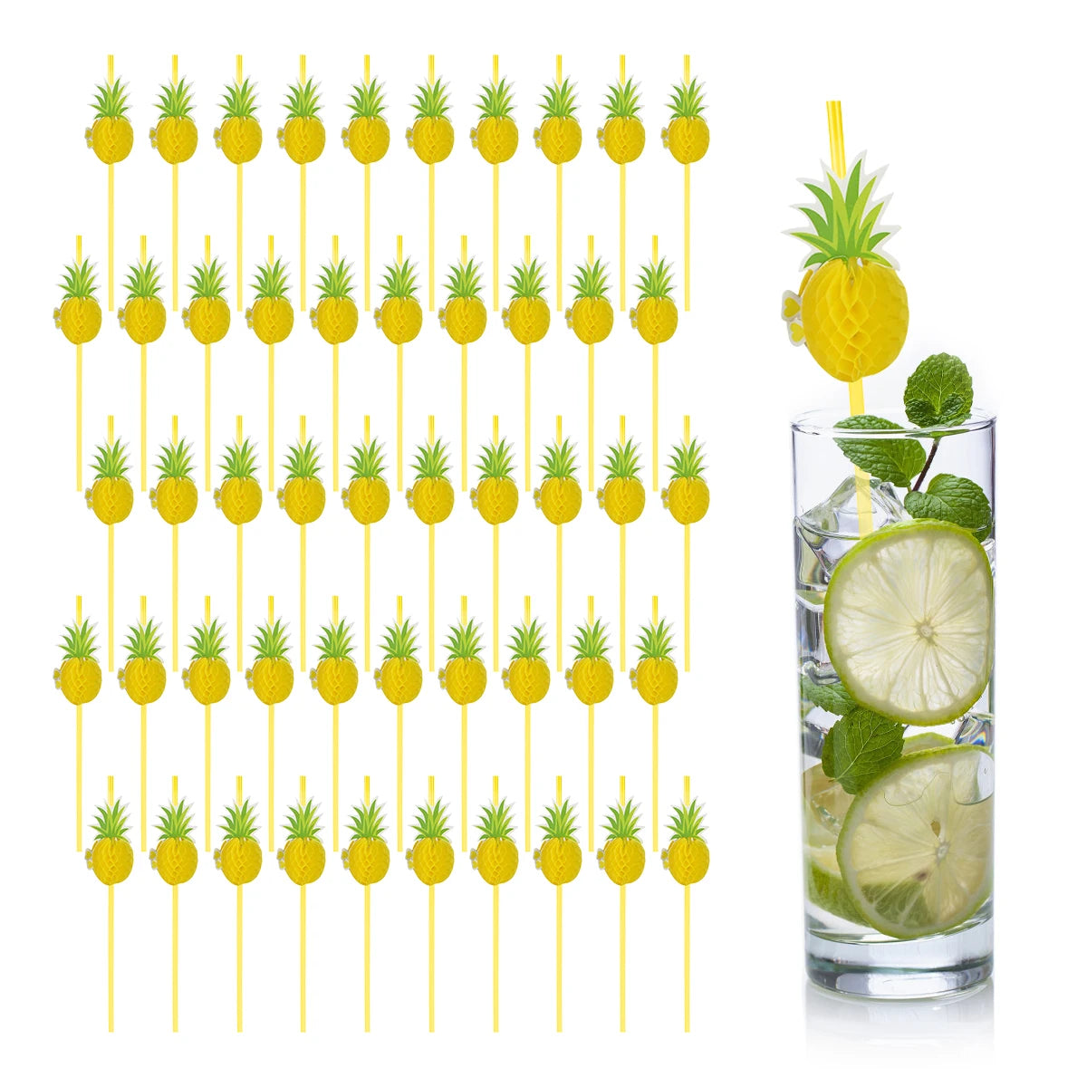 A pack of 50 yellow pineapple paper straws arranged in rows.