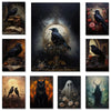 A collection of nine dark, moody paintings featuring black cats and ravens in Victorian gothic styles.