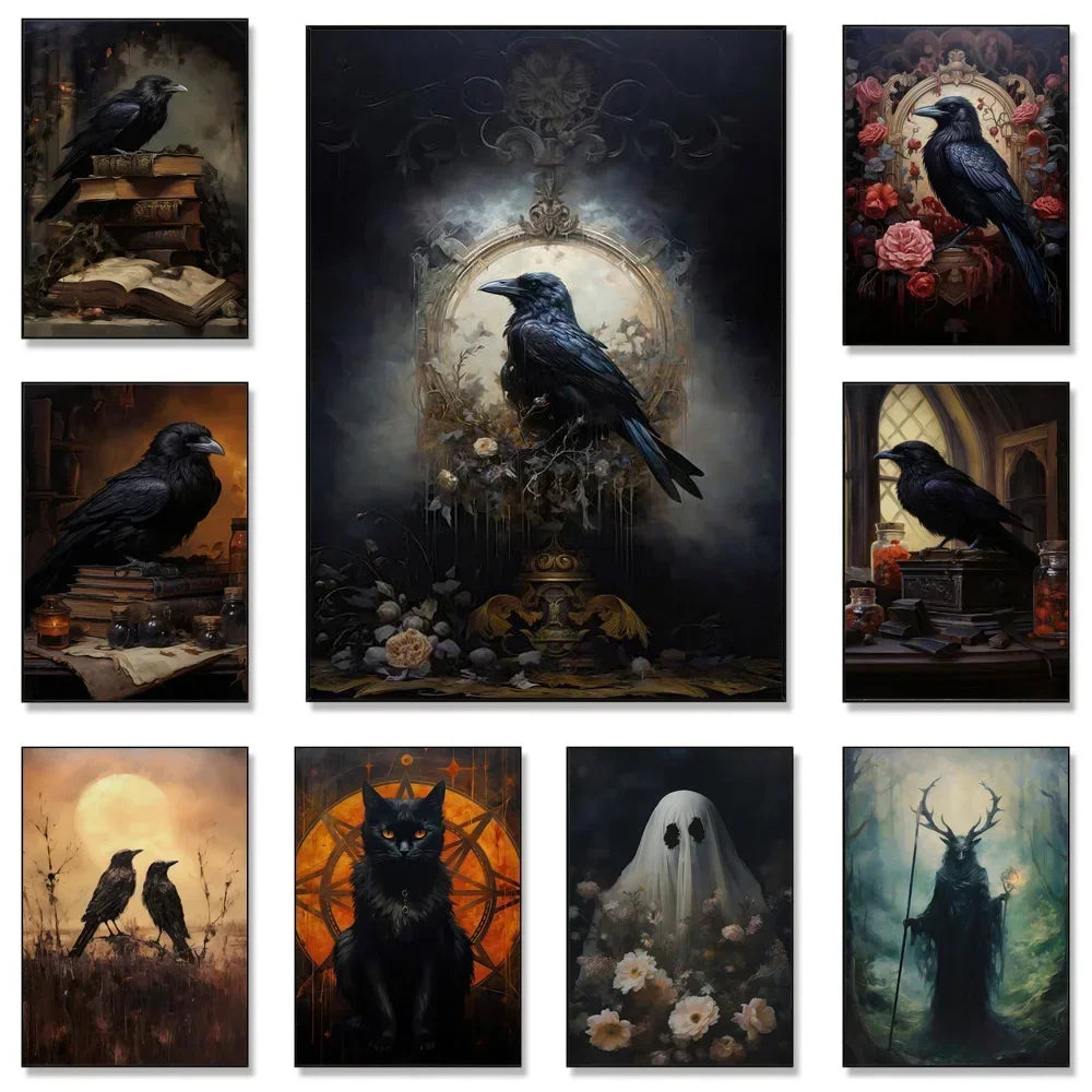A collection of nine dark, moody paintings featuring black cats and ravens in Victorian gothic styles.