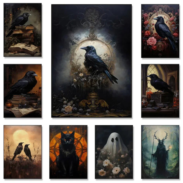 A collection of nine dark, moody paintings featuring black cats and ravens in Victorian gothic styles.
