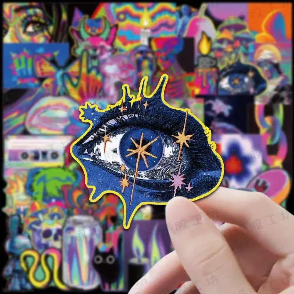 A hand holds a vibrant, multi-colored sticker pack featuring an eye design against a psychedelic background.