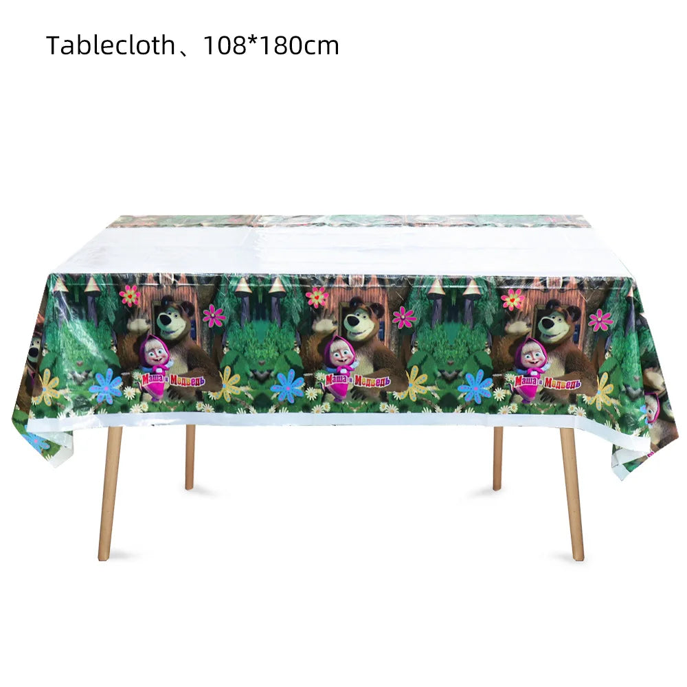 Tablecloth measuring 108 by 180 cm featuring a Masha and The Bear theme with woodland animals and flowers