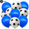 A pack of ten black and white soccer ball shaped balloons for party decorations