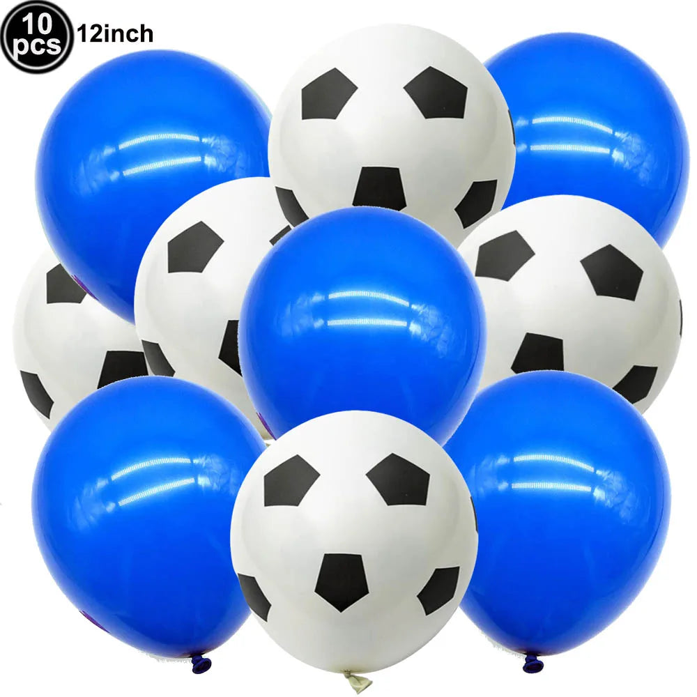 A pack of ten black and white soccer ball shaped balloons for party decorations
