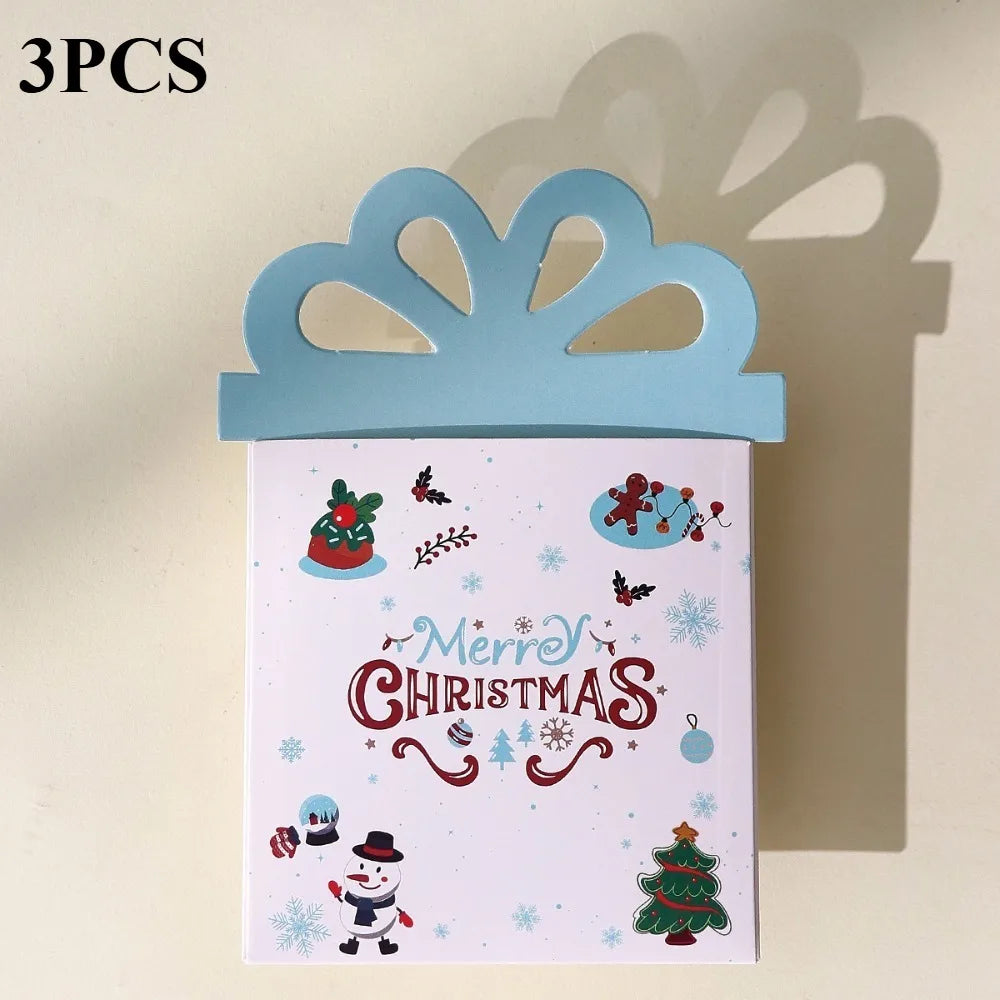 Three cartoon Christmas thank you cards featuring festive designs and a decorative topper.