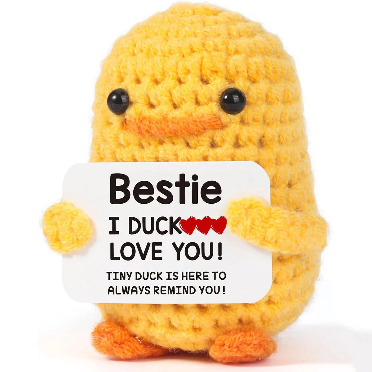 Handmade yellow knitted duck plush toy with an inspirational card that says Bestie I duck love you