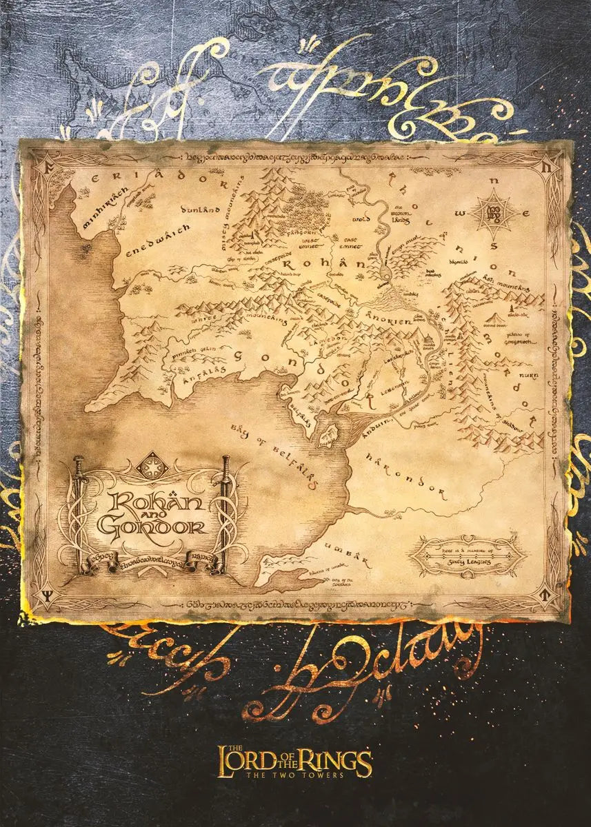 Vintage retro world map canvas wall art featuring a detailed map of Rohan and Gondor