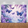 A vertical photo backdrop featuring purple and lavender flowers and blue butterflies against a soft pink background.