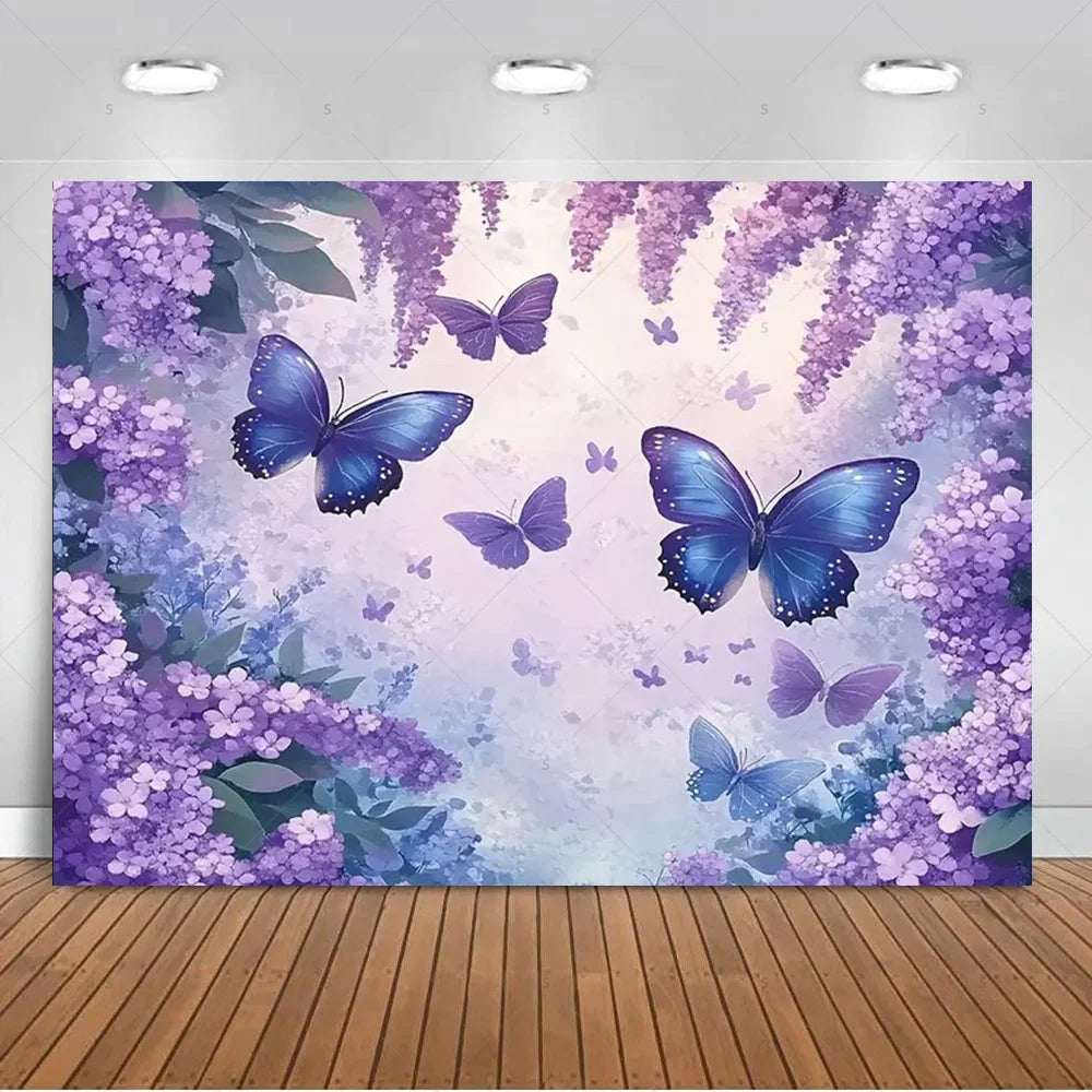 A vertical photo backdrop featuring purple and lavender flowers and blue butterflies against a soft pink background.