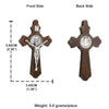A wooden crucifix pendant showing the front and back sides, featuring a sculpted figure of Christ.
