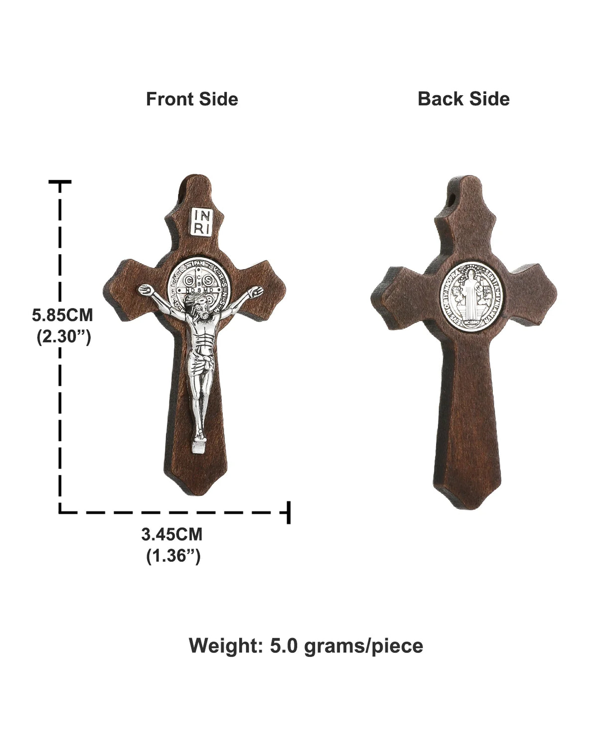 A wooden crucifix pendant showing the front and back sides, featuring a sculpted figure of Christ.