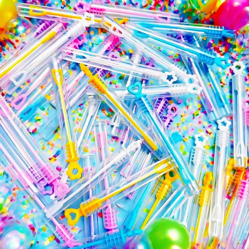 A colorful assortment of clear mini bubble bottles and plastic straws scattered on a bright background.